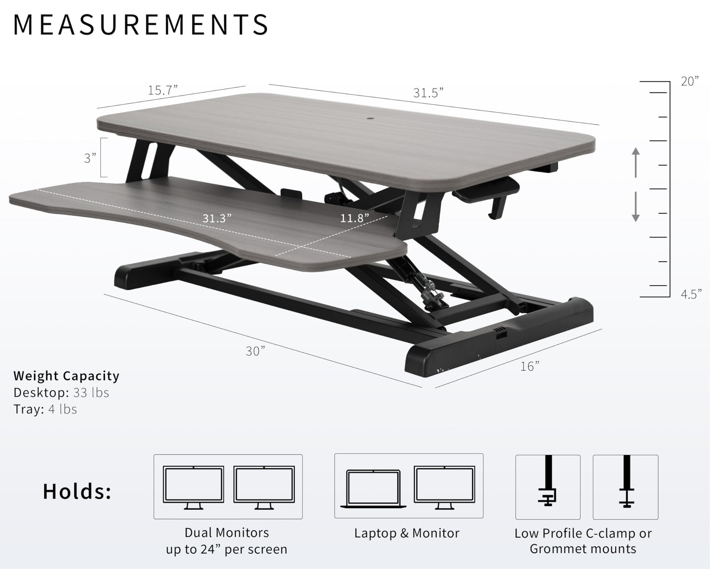 VIVO 32 inch Desk Converter, K Series, Height Adjustable Sit to Stand Riser, Dual Monitor and Laptop Workstation with Wide Keyboard Tray, Gray Top, Black Frame, DESK-V000KG