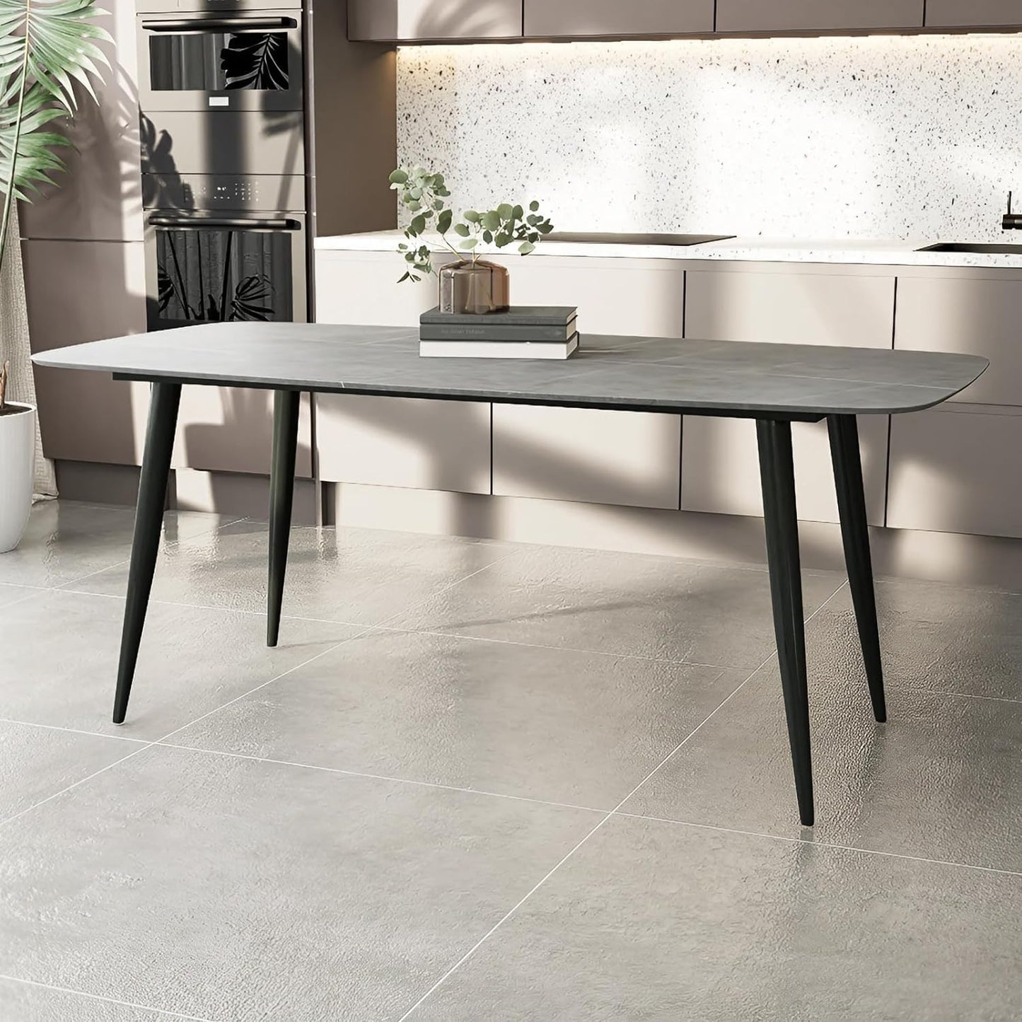 SKY-TOUCH Modern Rectangular Dining Table, 140x80cm, Rock Slab Tabletop with Black Iron Legs, Grey, Ideal for Kitchen, Dining Room, and Restaurant (Chairs Not Included)