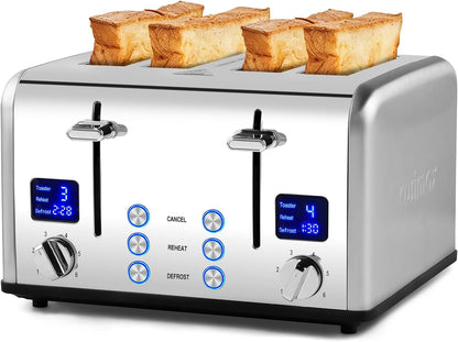 CUSIMAX 4 Slice Toaster LED Display Bread Toaster with Dual Control Panels of Timer, Extra Wide Slots and 6 Browning Settings, Cancel/Reheat/Defrost Function, Removable Crumb Trays, Silver