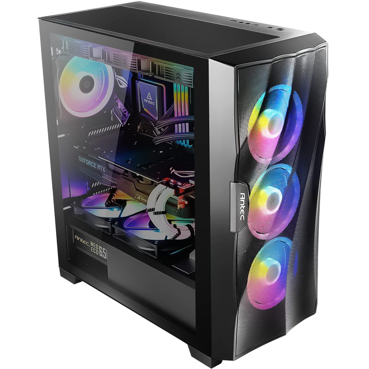 Antec Dark Phantom Dp502 Flux, Mid Tower Atx Gaming Case, Tempered Glass Side Panel, Swing Open Front Panel & Led Strips, F-Lux Platform, 3 X 120 Mm Argb, 1 X 120 Mm Reverse & 1 X 120 Mm Fans Included