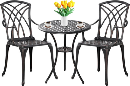 Withniture Bistro Set 3 Piece Outdoor Bistro Table and Chairs Set of 2, Cast Aluminum Patio Bistro Sets with Umbrella Hole, All Weather Bistro Table Set for Garden, Front Porch, Balcony (Bronze)