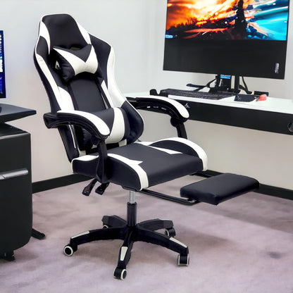 SBF Gaming Chair with Footrest, High Back Leather Office Desk Chair with USB Massager, Adjustable Height, Headrest and Lumbar, Swivel Video Game Chair, Ergonomic Computer Gaming Chair (White Black)