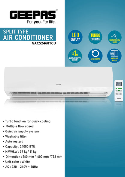 Geepas 2.0 Ton Air Conditioner - 24000BTU Washable Filter Auto Restart Low Noise & Energy Saving with Golden Fin Technology | 3 Speed, Cool/Fan/Dry Mode | 1 Year Warranty