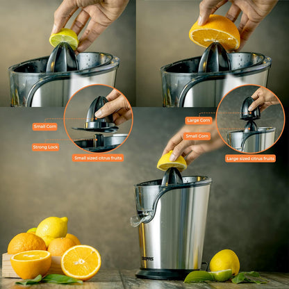 Geepas GCJ46013UK 100W Citrus Juicer Electric Orange Juicer | Professional Brushed Stainless Steel Fruit Juicer | Squeezes Oranges Lemons Lime Juices | Freshly Pressed Fruit Juices in Seconds