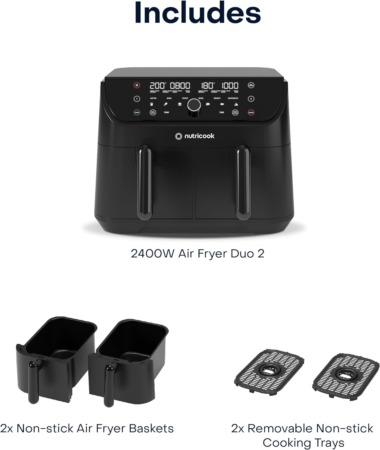 Nutricook Air Fryer Duo 2 by Caliber Brands, 8.5L Independently Controlled Dual Baskets, Air Fry, Bake, Roast, Broil, Reheat & Dehydrate, 6 Presets, AFD185, Black, 2400 Watts, 2 Year Warranty