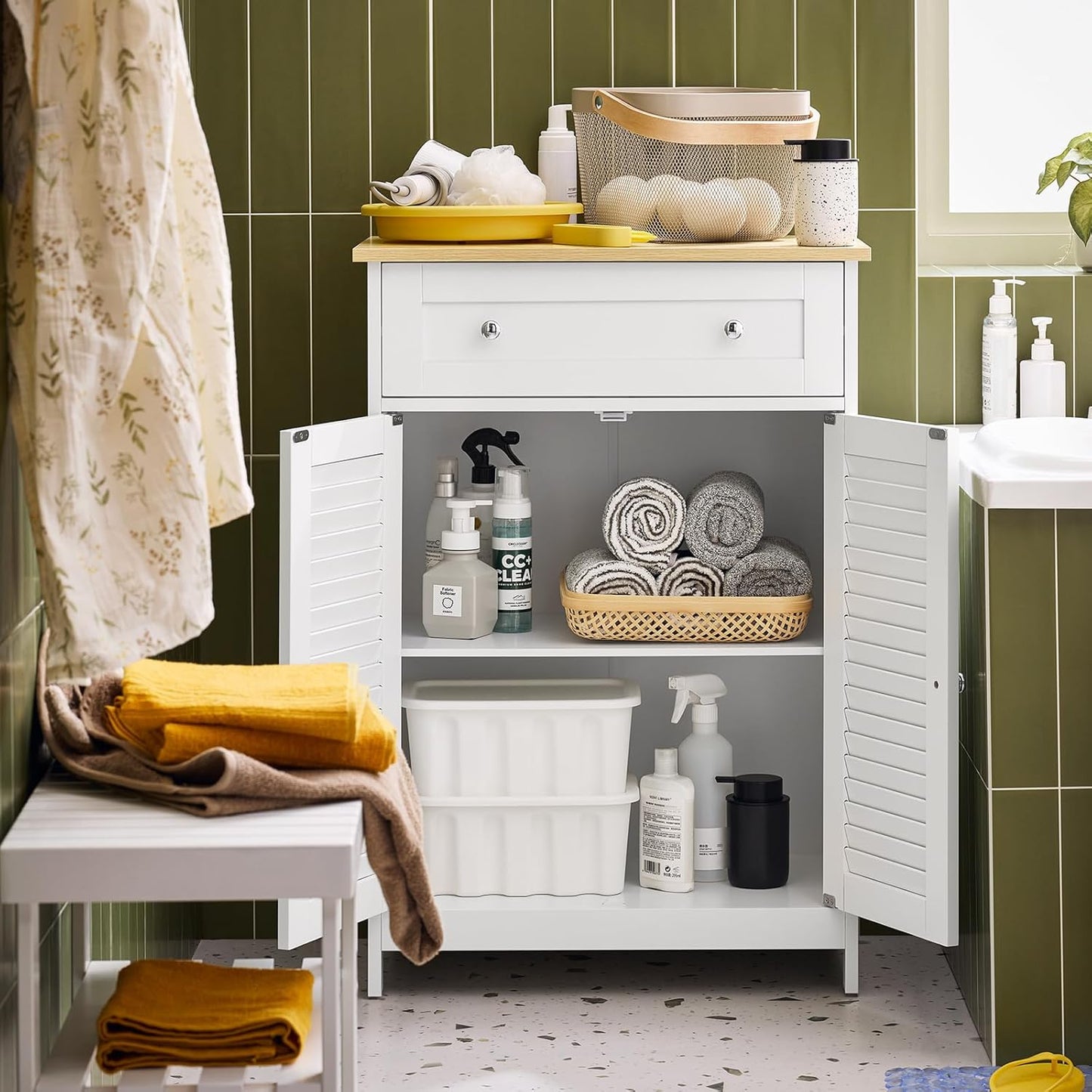 SoBuy FRG238-W Bathroom Storage Cabinet,Floor Cabinet Cupboard Sideboard with Drawer and Doors