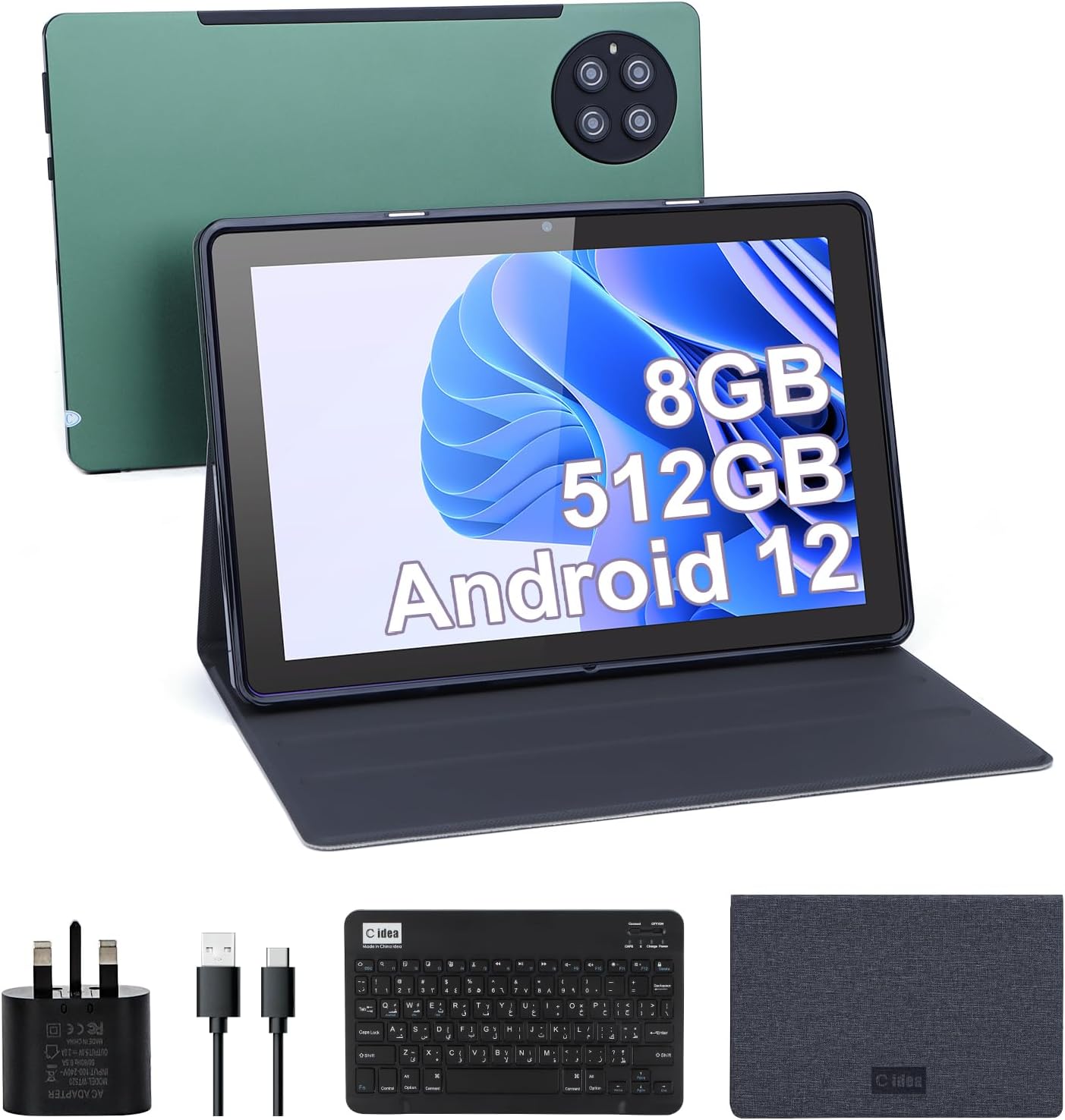 C idea 10.0 Inches Tablet, Android Adults Tablet 512GB Storage Supports Sim Dual Camera Long Battery Life Gaming Tablet With Keyboard Green