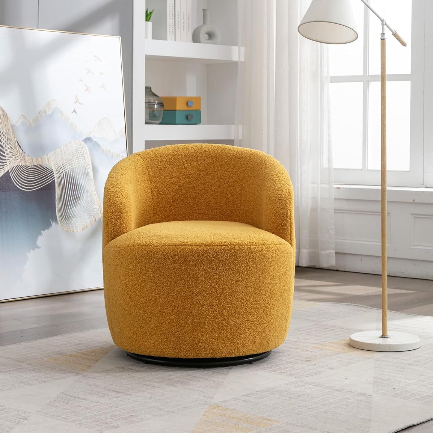 SPOFLYINN Teddy Fabric Accent Chair Armrest Accent Single Lazy Chair Comfy Leisure Chairs with Black Powder Coating Metal Ring Swivel Accent Armchair Barrel Chair for Living Room Yellow One Size