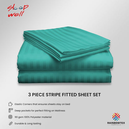 Sleep Well Microfiber Stripe Fitted Sheet with 2 Pillowcase Set - 150x200+17cm (White)