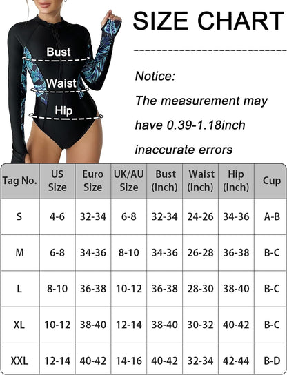 Maeau Women's Long Sleeve Rash Guard UV Protection Zipper Printed Surfing One Piece Swimsuit Bathing Suit