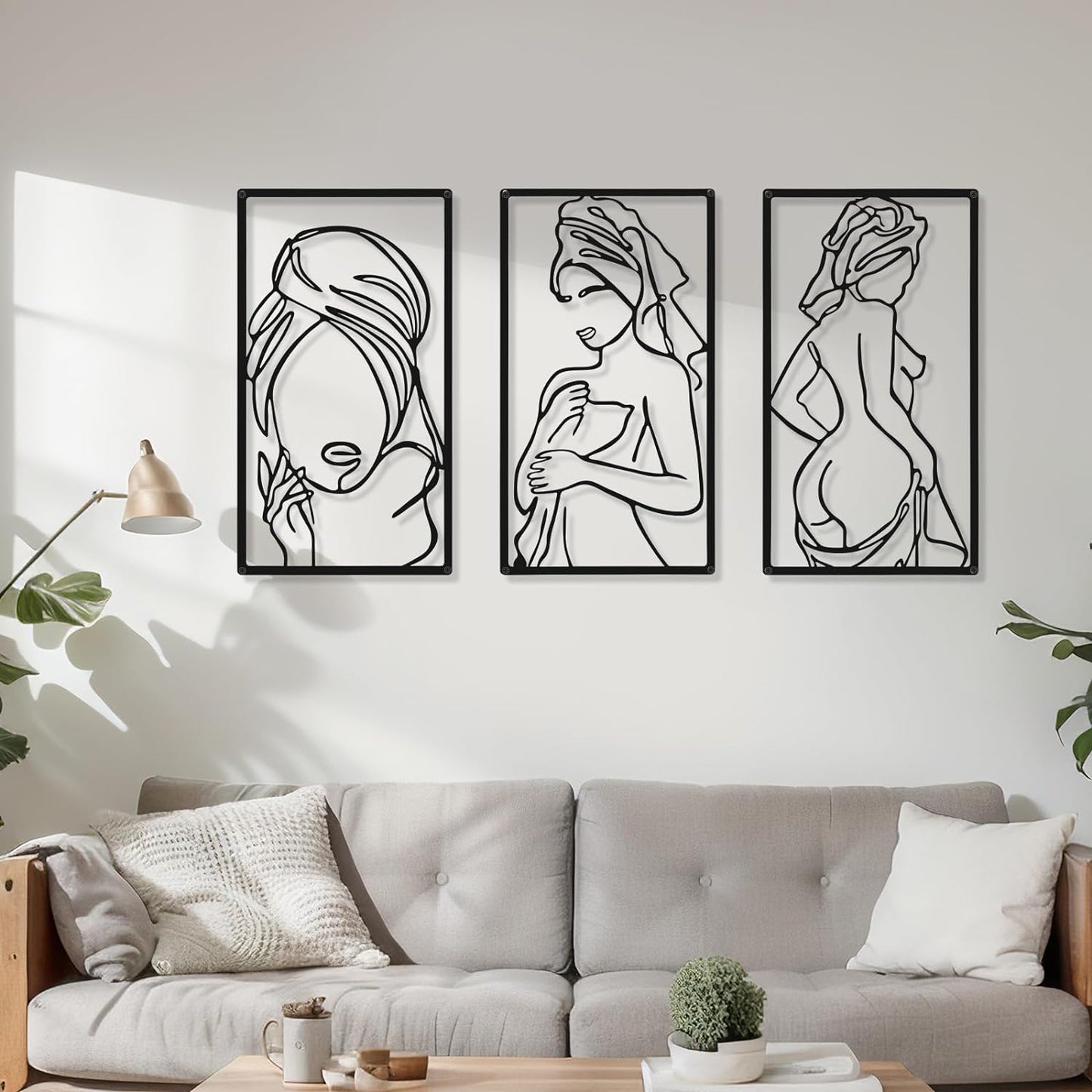 CHENGU 3 Pieces Metal Minimalist Abstract Woman Wall Art Line Drawing Wall Art Decor Single Line Female Home Hanging Wall Art Decor for Kitchen Bathroom Living Room (Black, Hand)