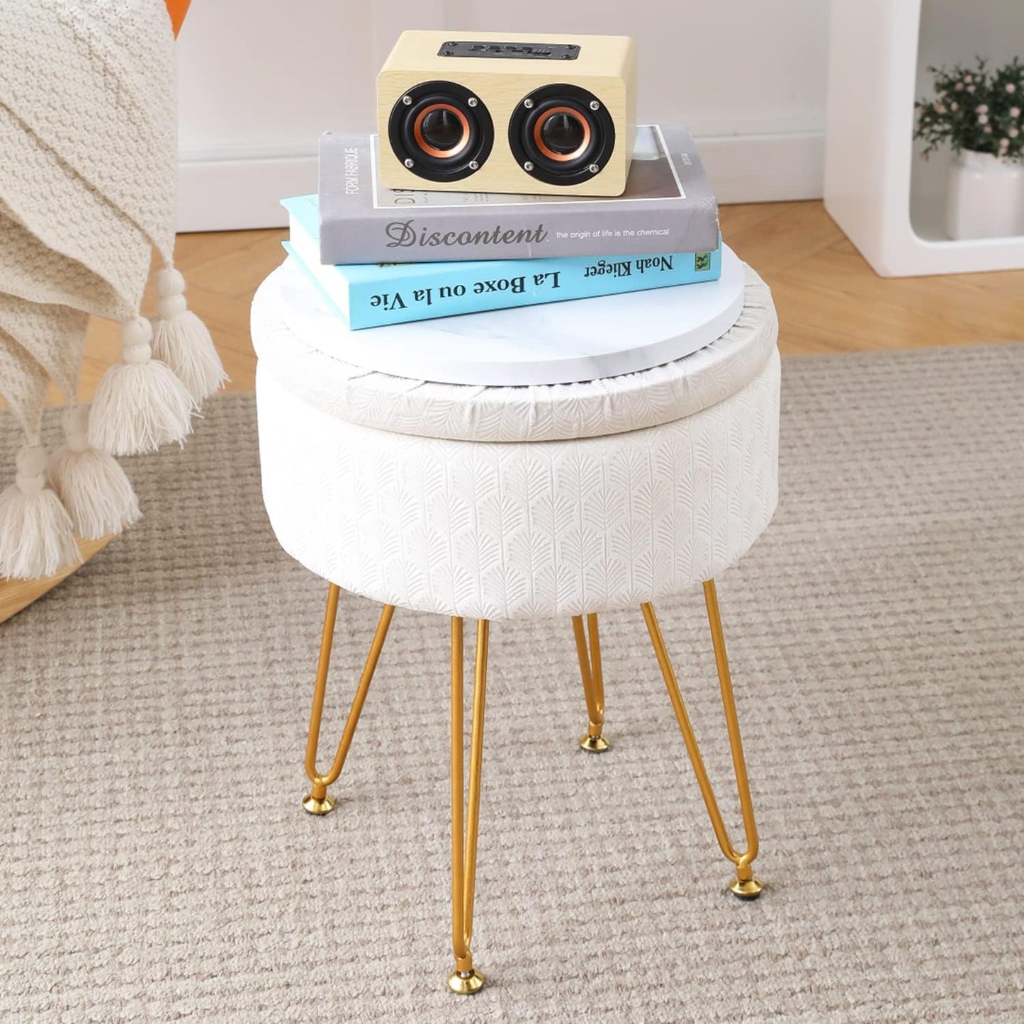 Cpintltr Footrest Footstools Round Velvet Ottoman with Storage Space Soft Vanity Chair with Memory Foam Seat Small Side Table Hallway Step Stool 4 Gold Metal Legs with Adjustable Footings Champagne