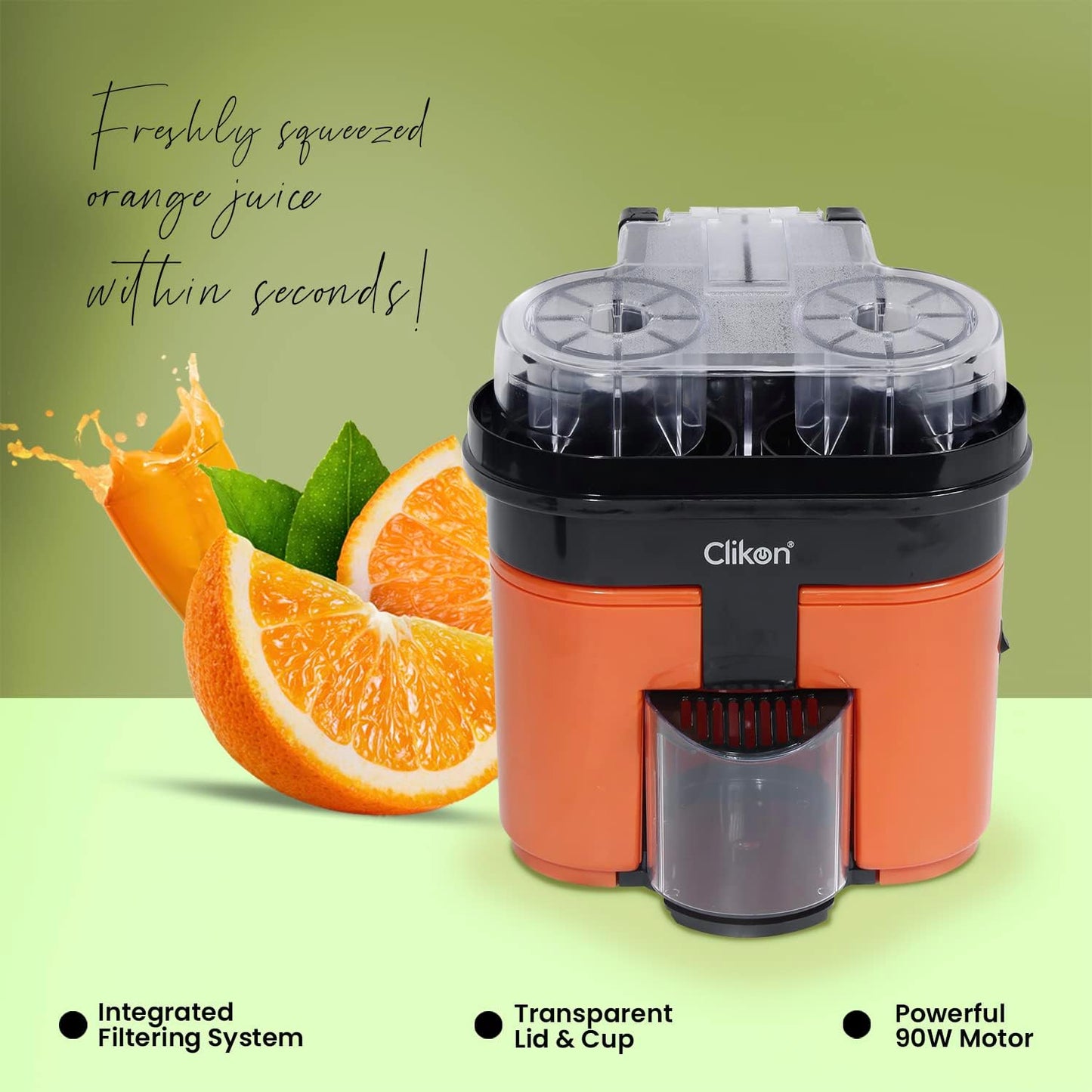 Clikon 2 in 1 Citrus Juicer with Dual Squeezer Technology, One Touch Operation, Built-in Citrus Slicer, 90 Watts, 2 Years Warranty, Orange and Black - CK2258