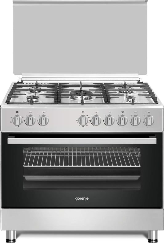 Gorenje Gi9221S, 90 cm Freestanding Gas Cooker With Dual Fan, 105 Liters Multifunction Oven, Cast Iron Pan Support, One Hand Ignition, Stainless Steel, 1 Year Warranty