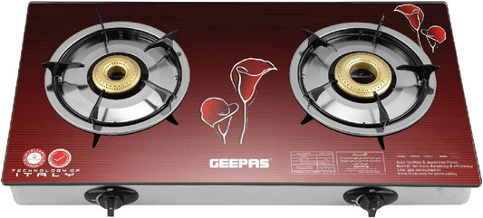 Geepas-Gas Cooker, 2 Burner Glass Top Gas Stove, GK5602 | Stainless Steel Frame & Tray | Auto Piezo Ignition | LPG with 2800pa | Iron Mixing Tube