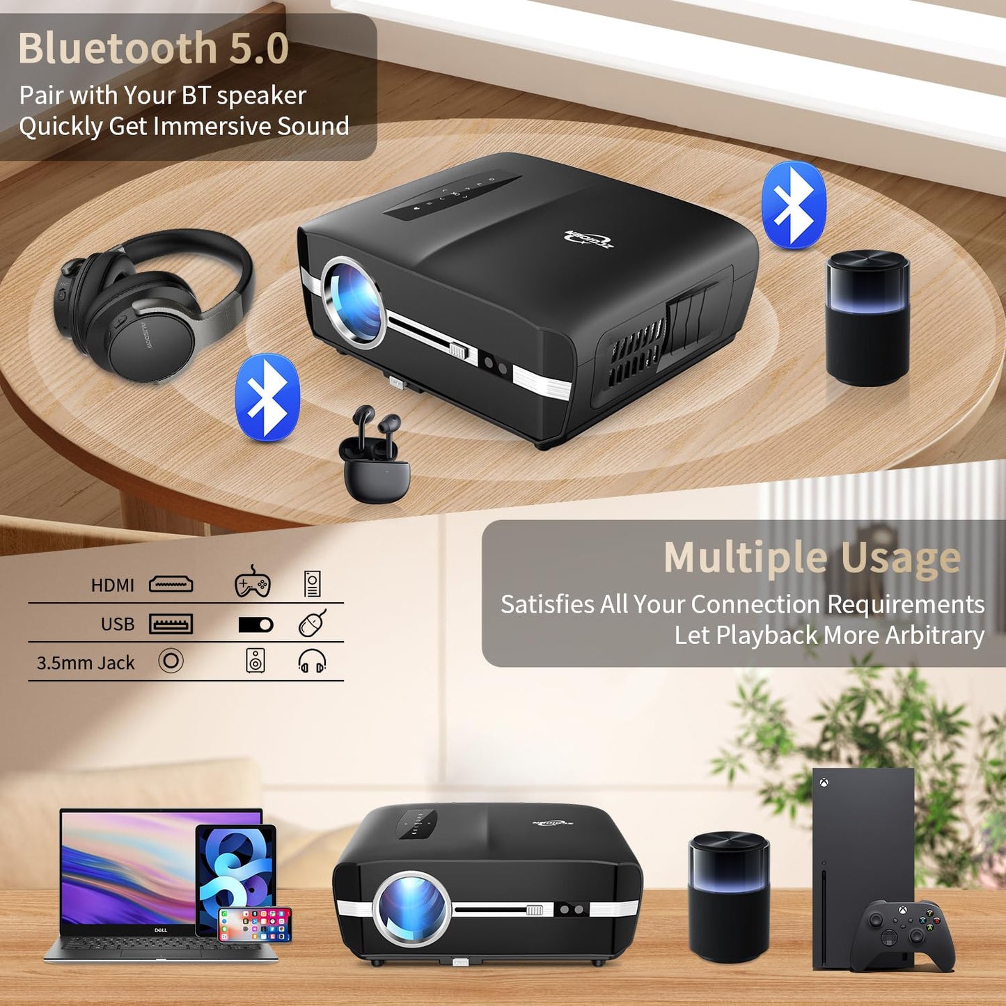 Daylight LED Projector 1000 ANSI WIFI6,4K Smart LCD Android Projector 5G Wifi Bluetooth Wireless 1080P Full HD,Home Outdoor Movie Projector Theatre with HDMI USB RJ45 Ceiling Zoom 4D Keystone Airplay