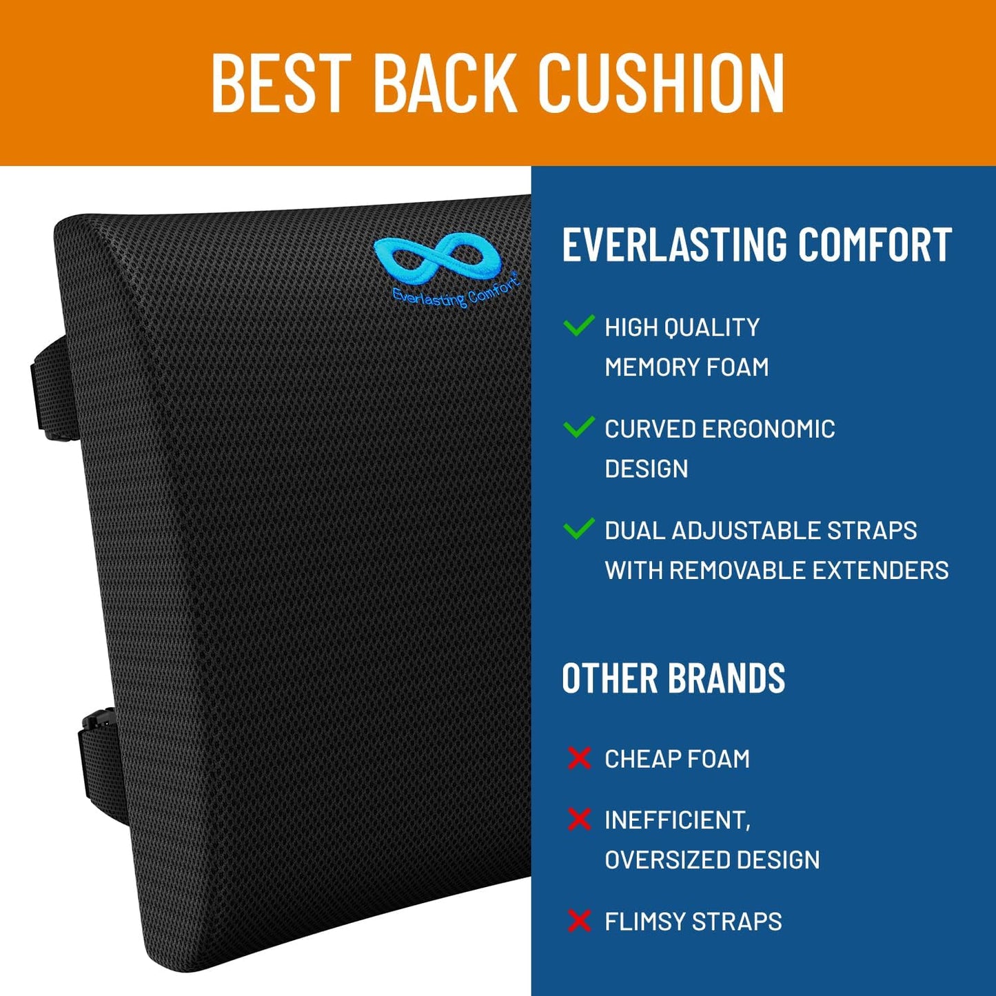 Everlasting Comfort The Original Lumbar Support Pillow - Improves Posture, Promotes Back Pain Relief - Superior Office Chair Back Support for Gaming and Desk Chairs - Lumbar Pillow for Car, Couch