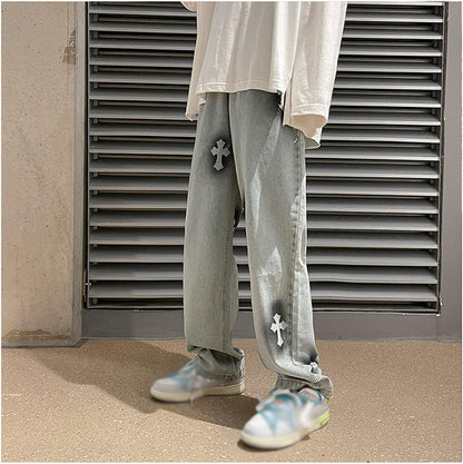 Men Jeans Baggy Straight Relaxed Cargo Work Pants With Pockets, Men's Loose Hip-hop Printed Baggy Denim Jeans