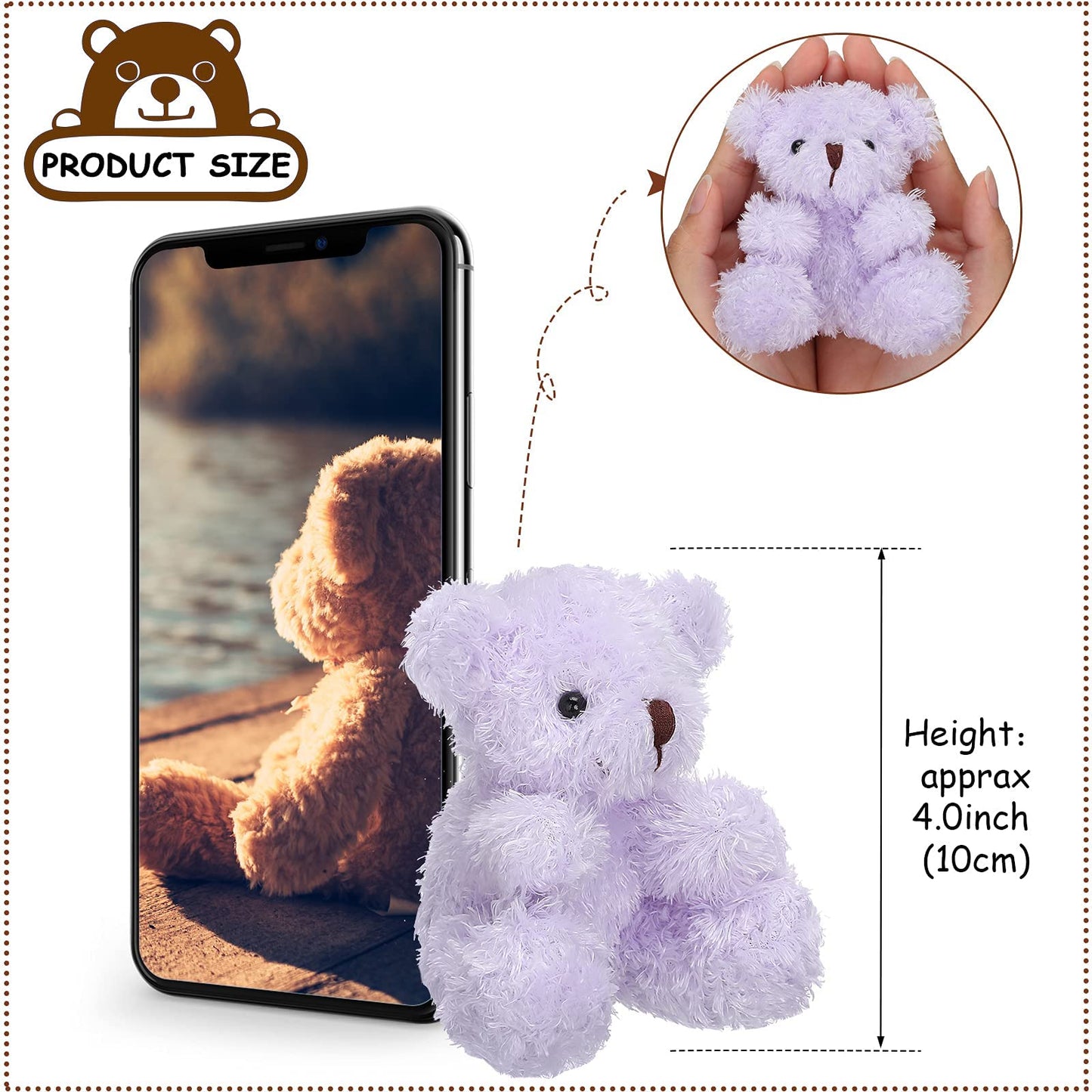 Plush Teddy Bear Pendant, Mini Plush Animal Soft Bear Doll Toys for Keychain Bag DIY Decorations, Birthday Wedding Graduation Gifts, Gift Box Filled Party Decorations (Brown, Apricot, Pink, Purple)