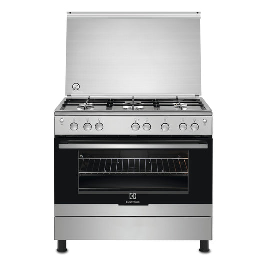 Electrolux 90x60cm Freestanding Cooker, Full Gas Cooking Range with 5 Burners, Cast iron pan support, Oven with Fan, One Hand Automatic Ignition & Thermocouple Safety, Stainless Steel, EKG9000A4X