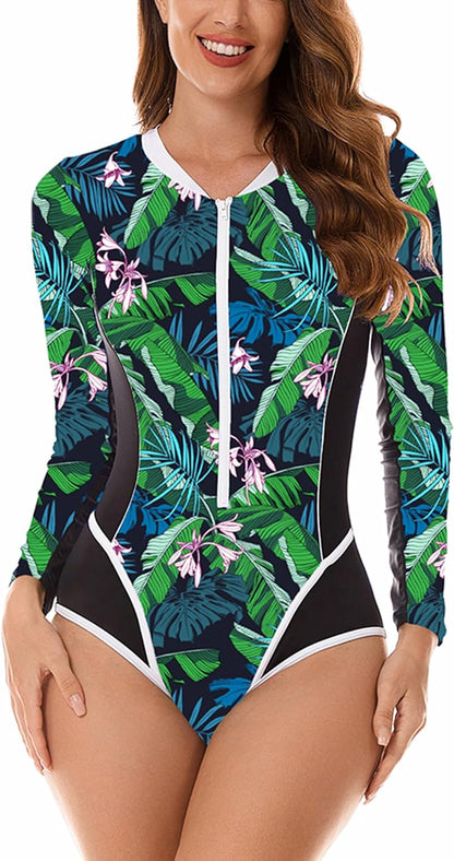 Maeau Women's Long Sleeve Rash Guard UV Protection Zipper Printed Surfing One Piece Swimsuit Bathing Suit