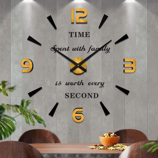 Vangold Modern Mute DIY Frameless Large Wall Clock 3D Mirror Sticker Metal Big Watches Home Office Decorations (Black Gold73)