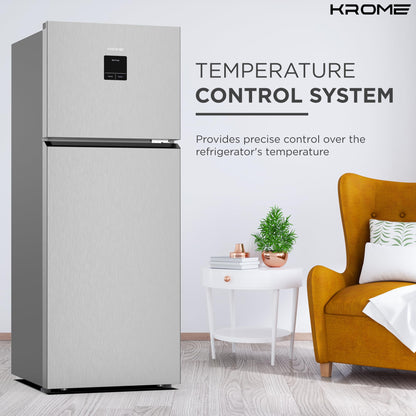 KROME 600L Gross,Top Mount Double Door Refrigerator with LED Display, Automatic Defrost Freezer, A+ Energy Efficiency,Big Capacity Fridge, Silver, 10 Year Compressor Warranty,KR-RFF600T