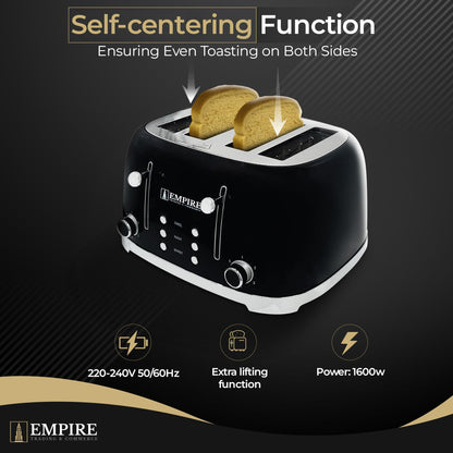 Empire Toaster 4 Slice 1600W, Black Stainless Steel Toaster for Various Bread Types, Dual Control Panels for Reheat, Defrost, Cancel, and Self-Centering Functions, 4 Slice Toaster with Crumb Tray