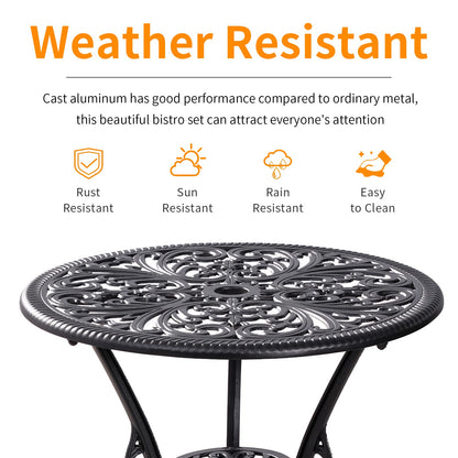 Withniture Bistro Table and Chairs Set of 2 Outdoor 3 Piece Bistro Sets Cast Aluminum Patio Bistro Set with Umbrella Hole, Patio Set for Garden, Black