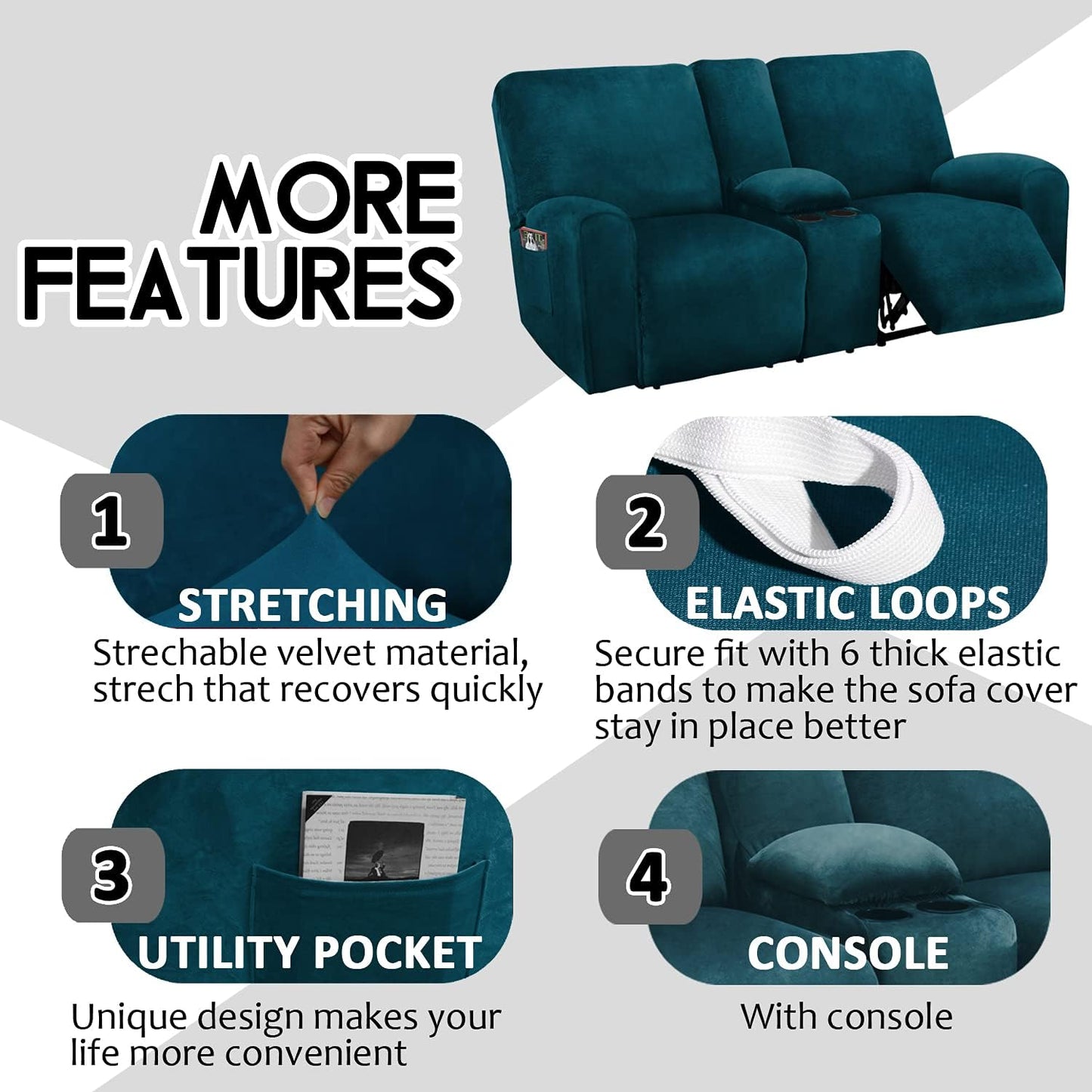 ULTICOR Reclining Loveseat with Middle Console Slipcover, 8-Piece Velvet Stretch Loveseat Reclining Sofa Covers, 2 seat Loveseat Recliner Cover, Thick, Soft, Washable, Loveseat Slipcovers (Dark Grey)