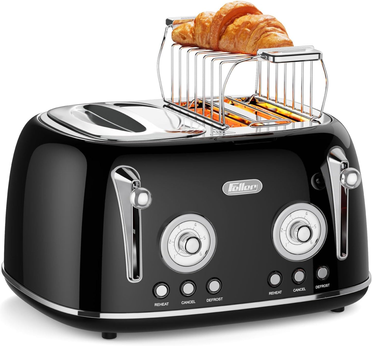 Feller Germany, Retro Style 4-Slice Toaster, 1630 W, Steel Body, 2 Dust Covers & 2 Bun Warmers, Defrost, Reheat, & Cancel Function, 4 Extra wide Bread Slots, Removable Crumb Tray, TO490 (Glossy Black)