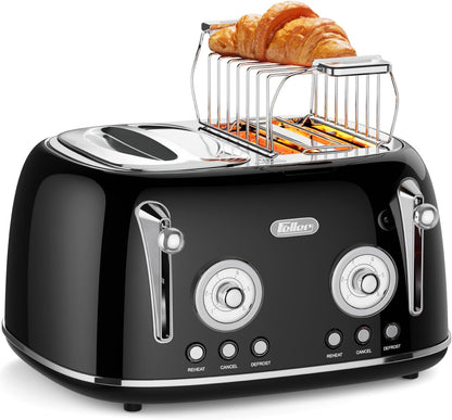 Feller Germany, Retro Style 4-Slice Toaster, 1630 W, Steel Body, 2 Dust Covers & 2 Bun Warmers, Defrost, Reheat, & Cancel Function, 4 Extra wide Bread Slots, Removable Crumb Tray, TO490 (Glossy Black)