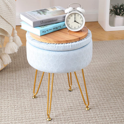 Cpintltr Footrest Footstools Round Velvet Ottoman with Storage Space Soft Vanity Chair with Memory Foam Seat Small Side Table Hallway Step Stool 4 Gold Metal Legs with Adjustable Footings Champagne