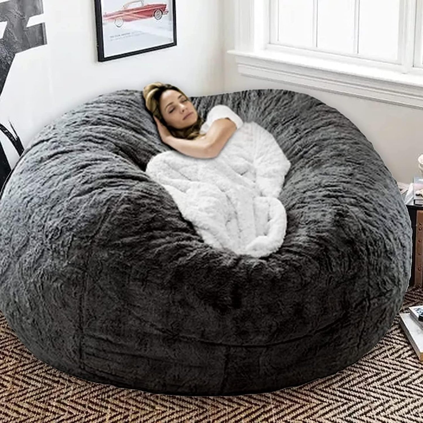 OACEVOZ Giant, Soft Fluffy Fur Bean Bag Chair Cover for Adults (Cover ONLY, NO Filler) 7ft Black Big Bean Bag Bed Oversized Lazy Bean Bag Couch