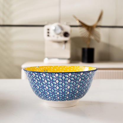 Techplus Set of 4 Blue Geometric Ceramic Bowls – 6.25 Inch Yellow Interior – Microwave, Dishwasher, Oven Safe – Ideal for Salads, Pasta, Soup – Modern Kitchen Gift