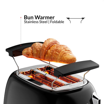 Feller Germany, Retro Style 2-Slice Toaster, 815 W, Stainless Steel, Dust Cover & Foldable Bun Warmer,Defrost, Reheat &Cancel Function, Metal Crumb Tray, TO290, 2Y Guarantee, UAE Version (Matte Black)