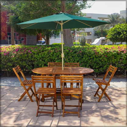 RAINTREE 7 Pcs Foldable Acacia Wood With Movable Tyres Patio Bistro Set - Outdoor Wood Chair And Table Set Dining Table Set For Garden Furniture Balcony Pool Side and Outdoor Area use