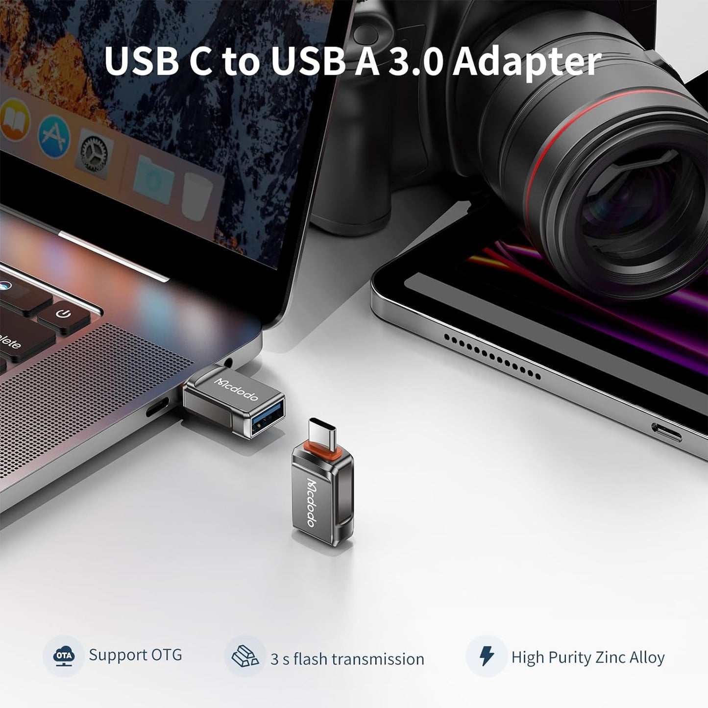 محول Mcdodo USB-A 3.0 إلى Lightning يدعم وظيفة OTG ويتيح نقل البيانات بسرعة تصل إلى 5.0 جيجابت في الثانية، مما يوفر وصولًا فوريًا واستخدامًا للهواتف المحمولة/الأجهزة اللوحية للتوسيع