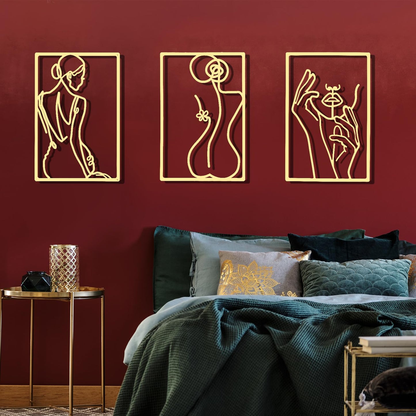 CHENGU 3 Pieces Metal Minimalist Abstract Woman Wall Art Line Drawing Wall Art Decor Single Line Female Home Hanging Wall Art Decor for Kitchen Bathroom Living Room (Black, Hand)