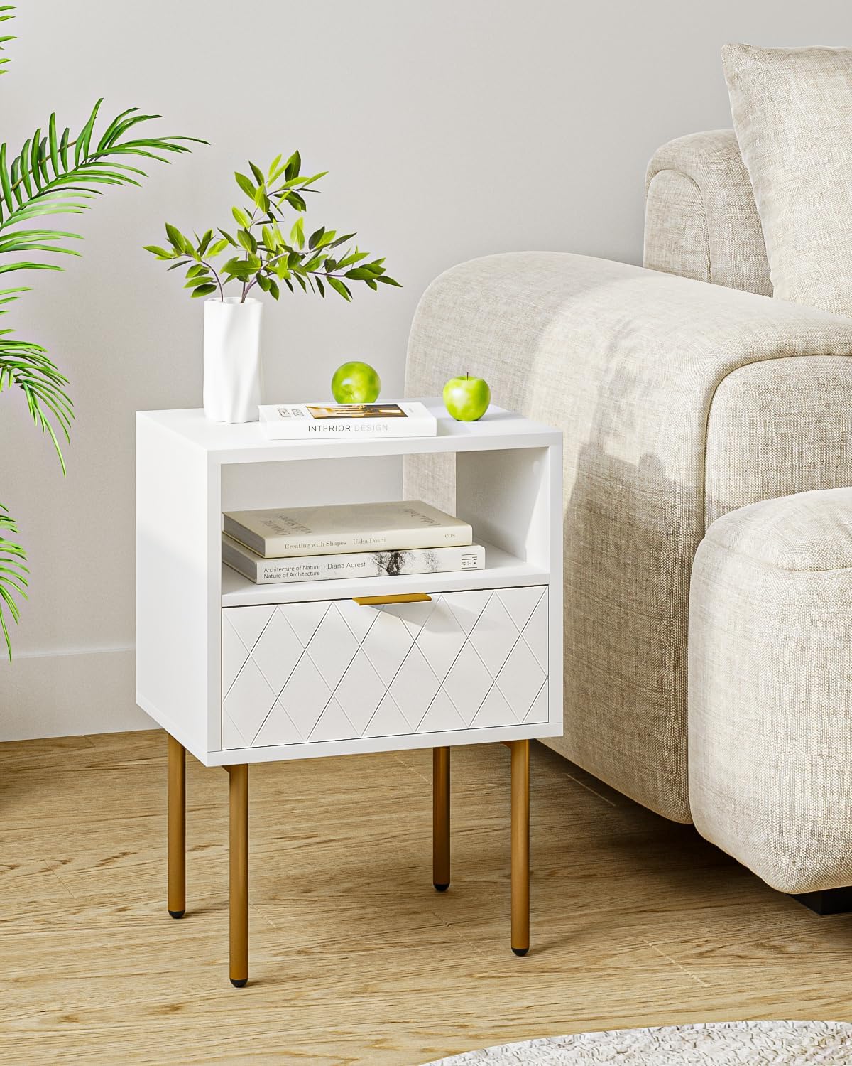 Aobafuir Nightstand, 2 Drawer Dresser for Bedroom, Small Side Table with 2 Drawers, Bedside Furniture, Night Stand, End Table with Gold Frame for Bedroom, Living Room, White Stripe