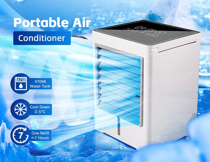 Portable Air Conditioner, Evaporative Air Cooler, Personal Cordless Mini Air Cooler with 3 Wind Speeds & 3 Timers Touch Screen Desktop Cooling Fan for for Home Room Camping Car Office