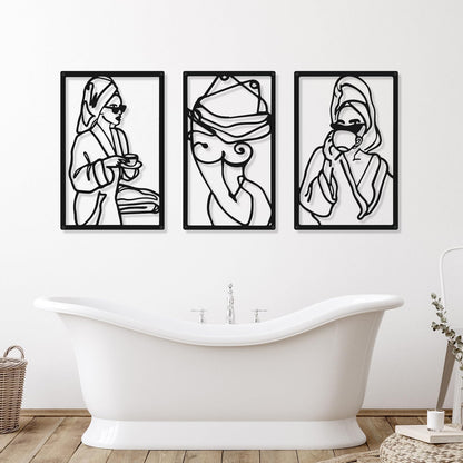 CHENGU 3 Pieces Metal Minimalist Abstract Woman Wall Art Line Drawing Wall Art Decor Single Line Female Home Hanging Wall Art Decor for Kitchen Bathroom Living Room (Black, Hand)