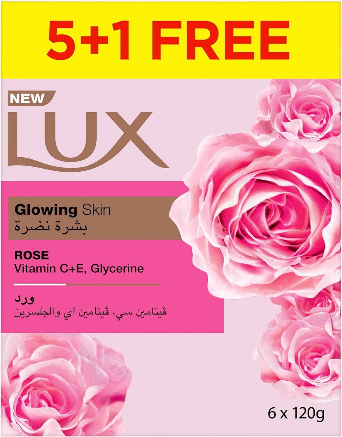 LUX Bar Soap for glowing skin, Rose, with Vitamin C, E, and Glycerine, 6 x 120g