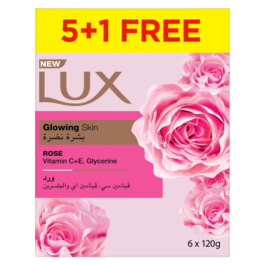 LUX Bar Soap for glowing skin, Rose, with Vitamin C, E, and Glycerine, 6 x 120g