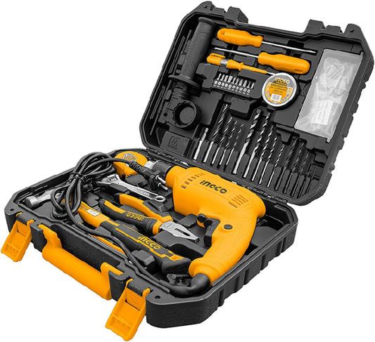 Ingco 115 Piece Home Tool Set With 680 Watt 13mm Impact Corded Electric Drill,Screwdrivers,Hammer,Wrench,And Plier,Yellow,Hkthp11151