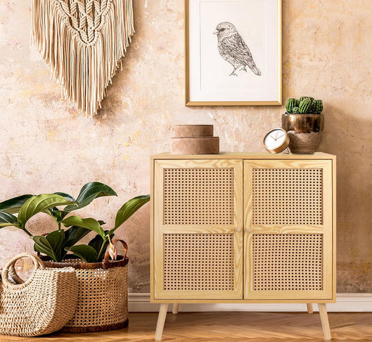 Sideboard Buffet Cabinet with Rattan Door, Accent Storage Cabinet Natural Rattan Mid Century Modern Dresser Cupboard Console Table Wood Bar Cabinet for Living Room Kitchen Pantry Dining Room Entryway