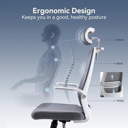 SIHOO Ergonomic Office Chair, Swivel Desk Chair Height Adjustable Mesh Back Computer Chair with Lumbar Support, 90° Flip-up Armrest (Grey)