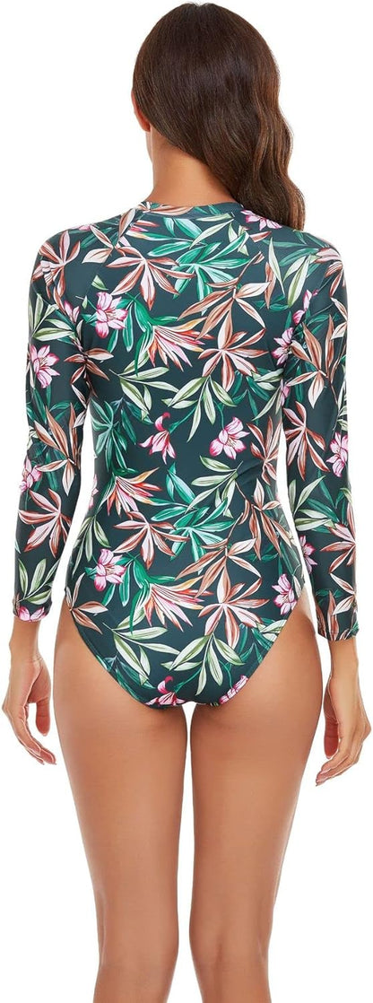 Women One Piece Swimsuit Printed Zipper Slim Long Sleeve Swimwear Bathing Suit