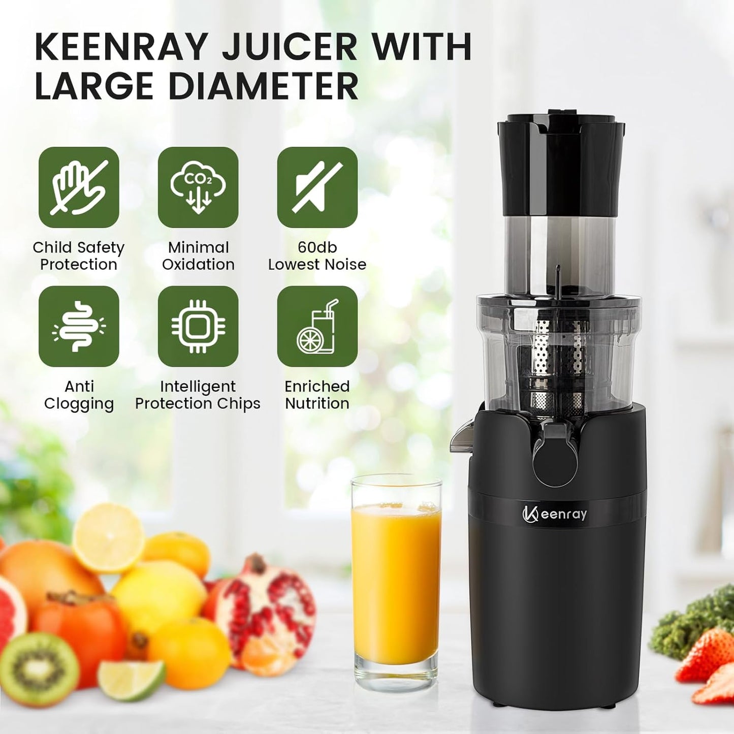 Keenray Juicer Machine, Masticating Slow Juicer for Whole Fruits, Cold Press Juicer with Wide Mouth 80mm Feeding Chute, Reverse Function Quiet Motor Fresh Healthy Juice Extractor (Black)