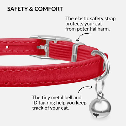 CollarDirect Leather Cat Collar with Elastic Safety Strap and Bell for Boy, Girl, Kitten (Neck Fit 9"-11", White)